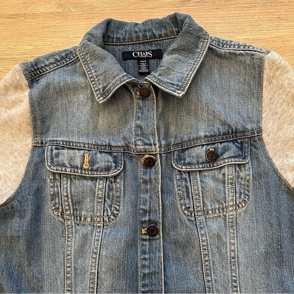 Chaps Mixed Media Denim Sweatshirt Jean Jacket Button Front Blue Gray Size M - Picture 2 of 8